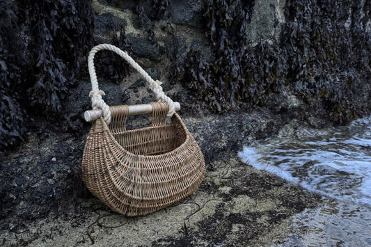 Guernsey fishing basket, ponier à cou on shoreline by pier covered in seaweed